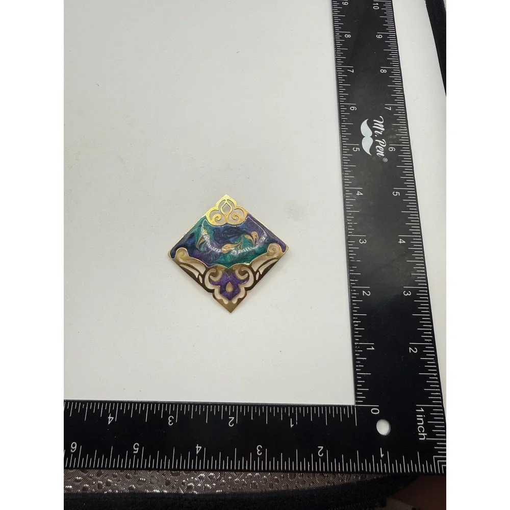 Vintage Gold Tone Enamel Filigree Diamond Brooch Purple Teal‎ Blue Swirl Pin